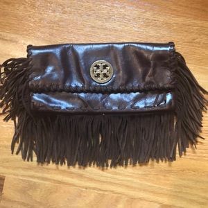 Tory burch brown leather fringe clutch $385 MSRP
